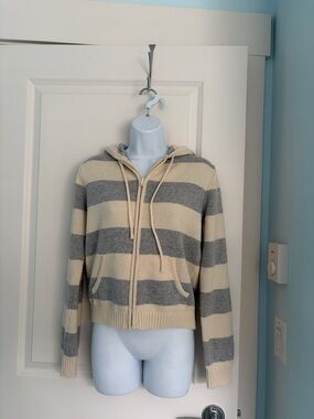 Brandy Melville Cream and Gray Striped Zip Hoodie